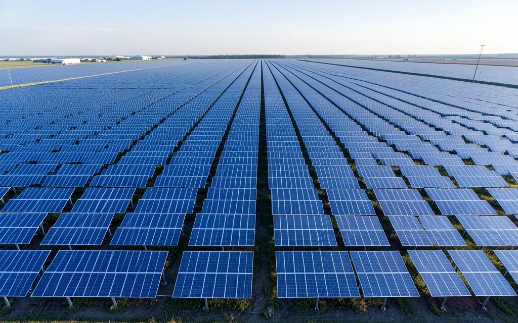 Aerial view of a large solar site under construction