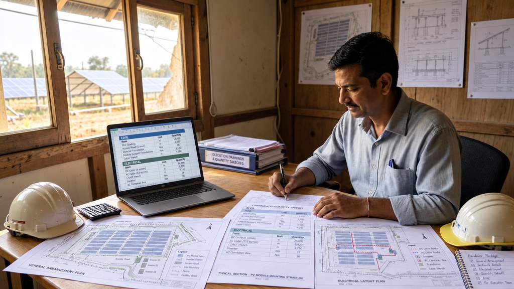 Construction drawings and quantity schedules on a site office desk