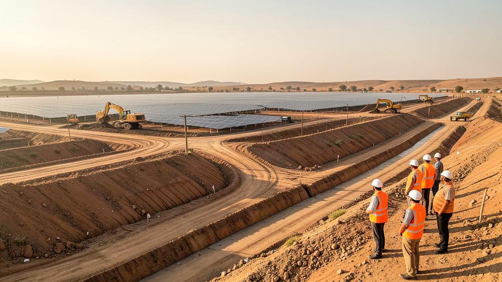 Solar farm site with graded earth, drainage and access roads under construction