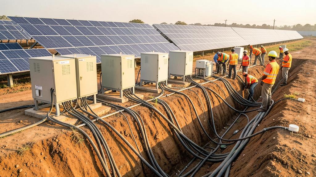 Cable trenches, combiner boxes and inverter stations at a solar plant